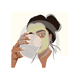 Woman with face mask drinks water. Self care ritual, beauty routine. Set of Abstract feminine vector illustrations