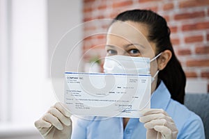 Woman In Face Mask Holding Paycheck photo