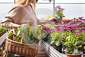 Woman with face mask shopping flowers