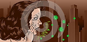 Woman without face medical mask speaks and spreads the virus by airborne droplet. City on the background, Vector image