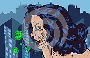 Woman without face medical mask speaks and spreads the virus by airborne droplet. City on the background, Vector image