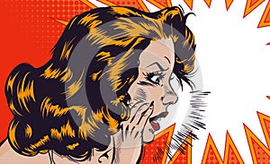 Woman without face medical mask speaks and spreads the virus by airborne droplet. Comics styled vector image with a bubble speech