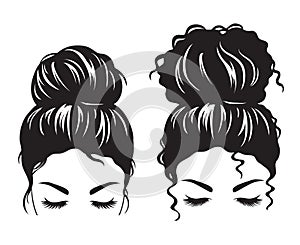 Woman face with messy hair bun silhouette