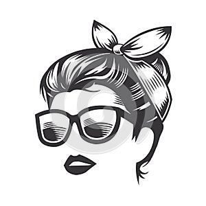 Woman face with messy hair bun and sunglass vector line art illustration