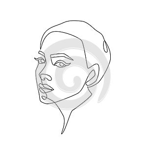 Woman face one continuous line drawing. Minimalistic abstract human portrait in simple linear style for logo, prints