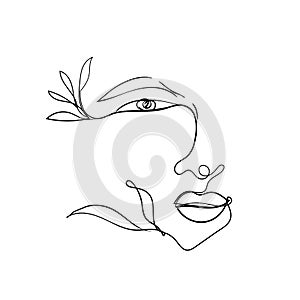 Una mujer uno línea dibujo. diseno elemento belleza designación de la organización o institución tarjeta moda túnica imprimir. describir de ojos 