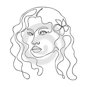 Woman face one line drawing with flower in hair