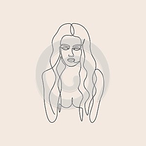 Woman face one line style. Abstract line art minimalist beauty logo, modern design for small tattoo. Vector illustration