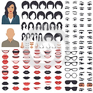 Woman face parts, character head, eyes, mouth, lips, hair and eyebrow icon set