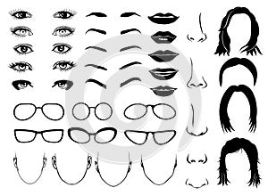 Woman face parts, eye, glasses, lips and hair. Vector female portrait set