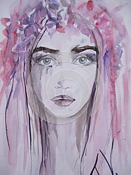 Woman face portrait. Abstract watercolor.