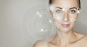 Woman face portrait with graphic icons of vitamins and minerals for skin treatment