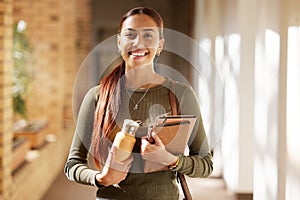 Woman, face portrait and student in university ready for back to school learning, goals or targets. Scholarship