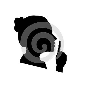 Woman face profile with hand, shhh icon on white, please keep quiet sign photo