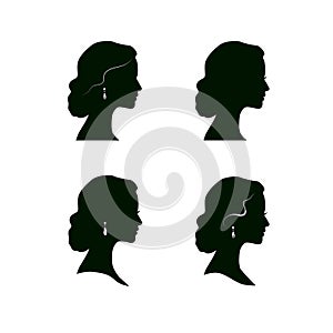 Woman face profile silhouette. Female hairstyle. Women head drawn icon set.  Lady portrait in retro style