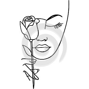 Woman face with rose flower. Continuous line drawing. Vector illustration
