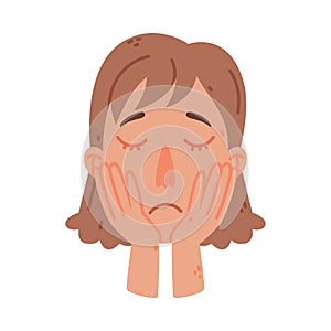 Woman Face with Sad Emotion and Head Upon Her Hand Vector Illustration