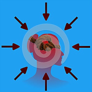 Woman face side profile colour graphic illustration for a headache and stress concept with rope knot pulling stress