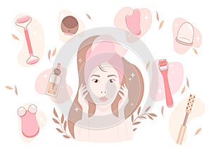 Woman face silhouette with cosmetics gadgets. photo