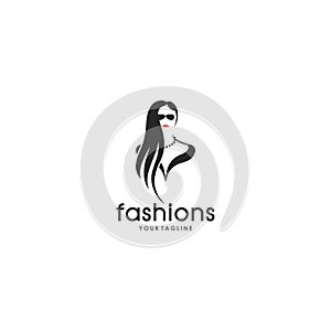 Woman face silhouette logo wearing glasses with long hair