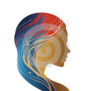 woman face silhouette with waves for cosmetics beauty salon logo design concept. Abstract female head silhouette for