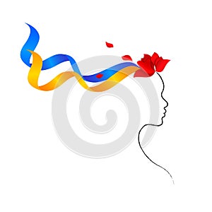 Woman face silhouette, wreath of red flowers of stylized poppies with ribbons of the colors of the Ukrainian national
