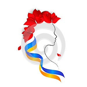 Woman face silhouette, wreath of red flowers of stylized poppies with ribbons of the colors of the Ukrainian national