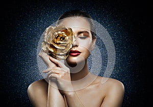 Woman Face Skin Care Flower Gold Mask. Beautiful Fashion Girl with Rose Jewelry on Face. Night Treatment Product