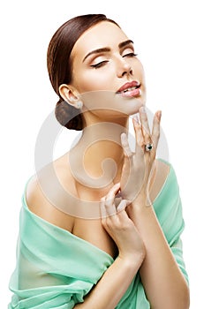 Woman Face Skin Care, Model Touching Neck Makeup, Skincare Beauty