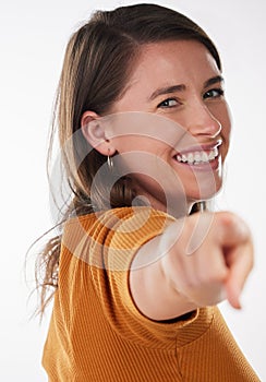Woman face, smile or hand pointing at you in studio for support, encourage or praise on white background. Happy