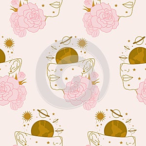 Woman face, stars and celestials in a pattern design