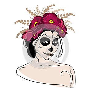 Woman face with sugar skull makeup and flower wreath on head.Calavera Catrina.Dia de los Muertos,Day of the Dead