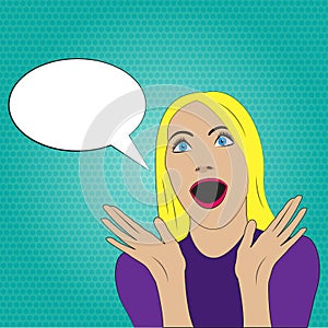 Woman face with surprised expression and speech bubble. Vector illustration in pop art style.