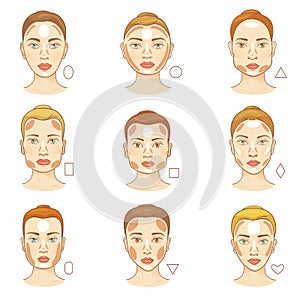 Woman face type vector female character portrait with facial shapes for makeup skintone illustration set of beautiful photo