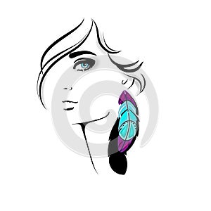 Woman face. Vector fashion portrait of pretty girl with blue eyes and color feather
