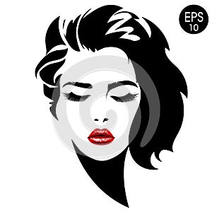 Woman face. Vector fashion portrait of pretty girl with red lips.