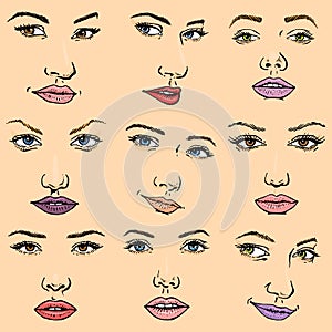 Woman face vector female facial portrait of beautiful girl fashion faced care and beautiful women facing makeup set