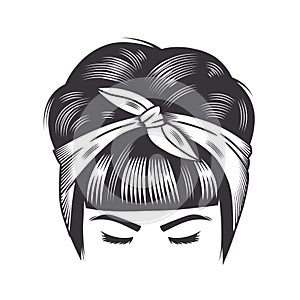 Woman face with vintage hairband bun hairstyles for short hair vector line art illustration photo