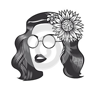 Woman face with vintage hairstyles for flower on long hair and sunglass vector line art illustration