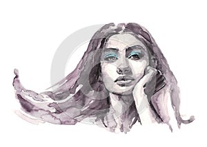 woman face watercolor black and blue