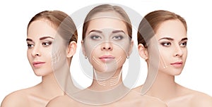 woman faces with arrows over white background. Face lifting con photo