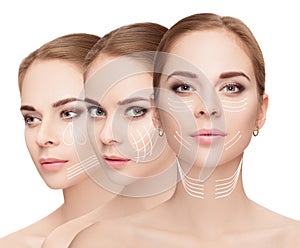 woman faces with arrows over white background. Face lifting con photo