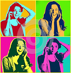 Woman faces with telephone.Popart illustration design over colourful background