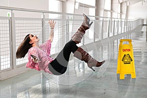 Woman Falling on Wet Floor