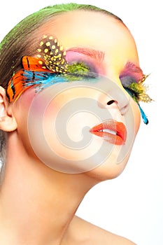 Woman with false feather eyelashes makeup