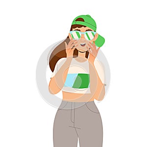 Woman Fan Character in Green Baseball Cap and Sunglasses Cheering for Sport Team Vector Illustration