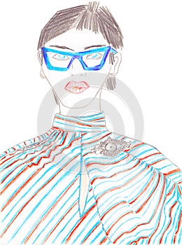 Woman in fancy glasses. Hand-drawn artistic portrait in a blue and red striped shirt with accessories fashion illustration.