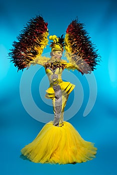 Woman in fantasy costume with feather sleeves