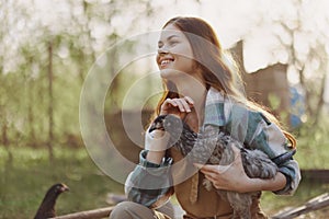 A woman on a farm holding a chicken and smiling a happy smile on an organic farm in the summer sunset