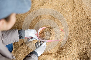 Woman farmer checking quality of soybean hulls